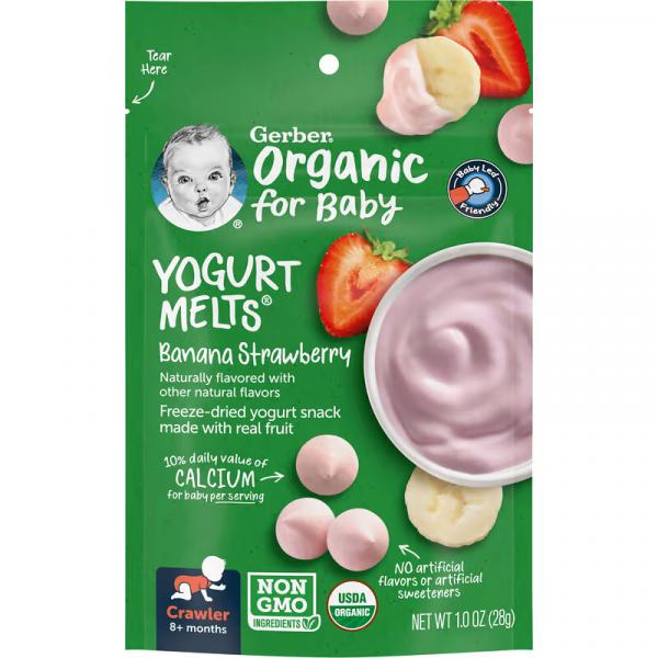 Йогурт для малышей от 8 месяцев, вкус банана и клубники, Yogurt Melts Banana Strawberry, Gerber, Organic, 28 г - Фото 1