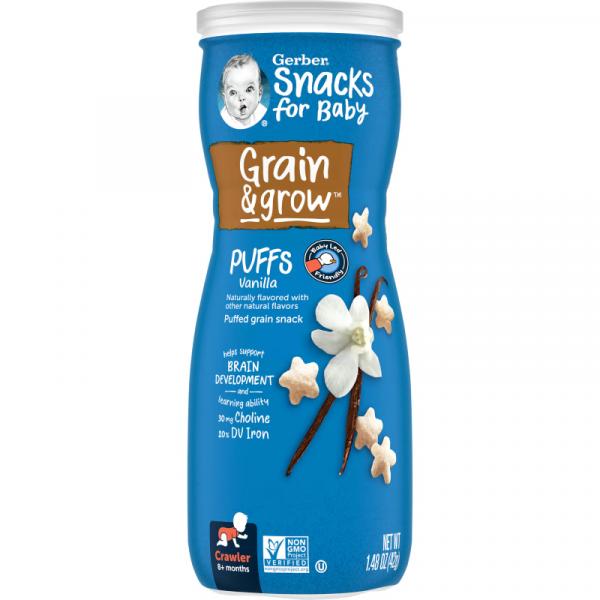 Снеки из воздушных злаков, от 8 месяцев, вкус ванили, Grain&Grow Snack 8 Months Vanilla, Gerber, Puffs, 42 г - Фото 1