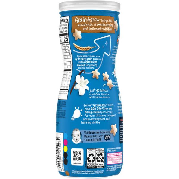 Снеки из воздушных злаков, от 8 месяцев, вкус ванили, Grain&Grow Snack 8 Months Vanilla, Gerber, Puffs, 42 г - Фото 3