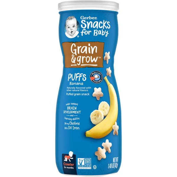 Снеки из воздушных злаков, от 8 месяцев, вкус банана, Grain&Grow Snack 8 Months Banana, Gerber, Puffs, 42 г - Фото 1