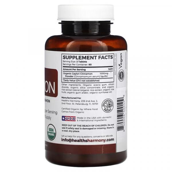 Органическая цейлонская корица, Organic Ceylon Cinnamon, Healths Harmony, 500 мг, 120 таблеток - Фото 2