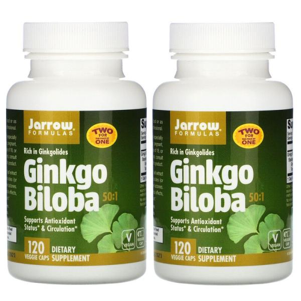 Гинкго Билоба, Ginkgo Biloba, Jarrow Formulas, 50:1, 2 флакона, 120 растительных капсул в каждом  - Фото 1