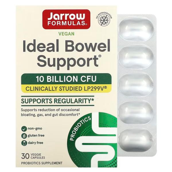 Веганская добавка для поддержки здоровья кишечника, 10 млрд КОЕ, Vegan Ideal Bowel Support 10 Billion CFU, Jarrow Formulas, 30 растительных капсул - Фото 1