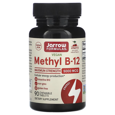 Метил B-12, вишневый вкус, Methyl B-12 Cherry, Jarrow Formulas, 5000 мкг, 90  жевательных таблеток