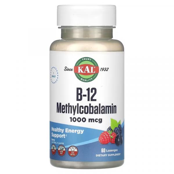 Витамин B-12, вкус ягод, B-12 Methylcobalamin, Berry, KAL, 1000 мкг, 60 пастилок - Фото 1