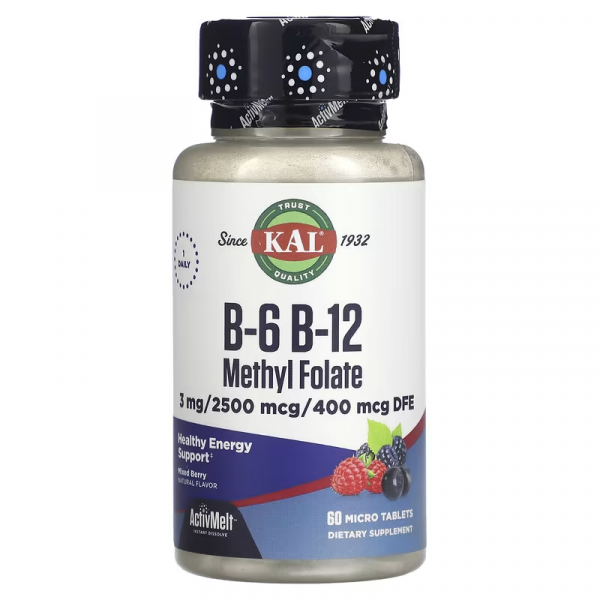 Витамин B12 + B6 фолиевая кислота, ягоды, Vitamin B-6 B-12 Folic Acid, 3 мг / 2500 мкг / 400 мкг,  KAL, 60 таблеток - Фото 1