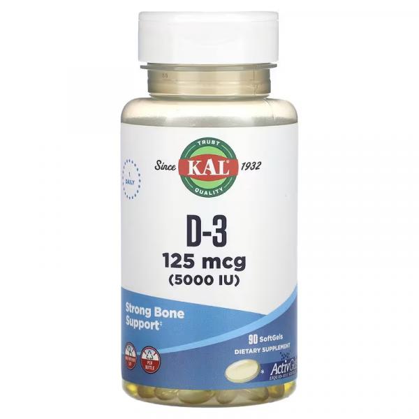 Витамин D-3, KAL, 125 мкг (5000 МЕ), 90 мягких таблеток - Фото 1