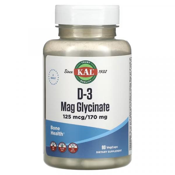 Глицинат магния D-3, D-3 Mag Glycinate, KAL, 125 мкг / 170 мг, 90 вегетарианских капсул - Фото 1