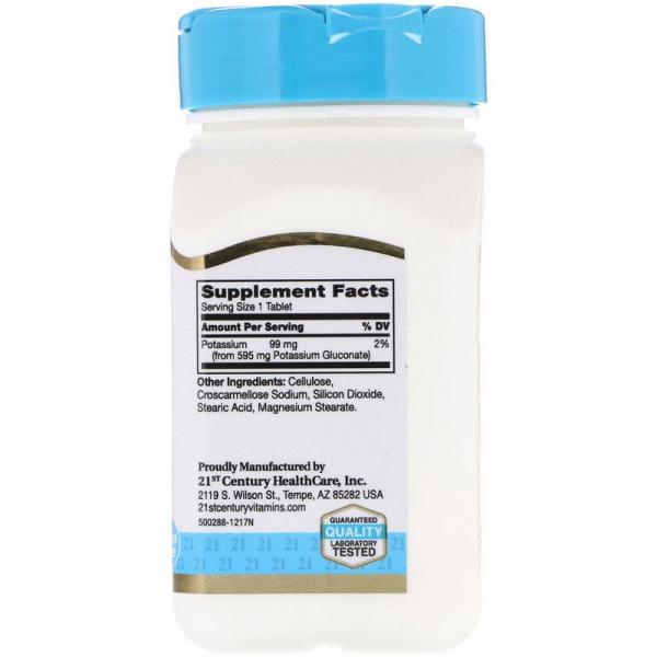 Калий, Potassium Gluconate, 21st Century, 595 мг, 110 таблеток - Фото 2