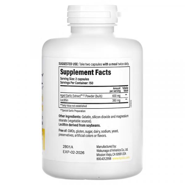 Экстракт чеснока с лецитином, формула для снижения уровня холестерина 104, Aged Garlic Extract with Lecithin Cholesterol Formula 104, Kyolic, 300 капсул - Фото 2