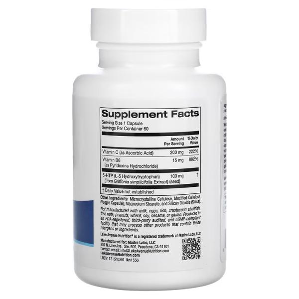 5-гидрокситриптофан с витаминами B6 и C, 5-HTP with Vitamin B6 and Vitamin C, Lake Avenue Nutrition, 60 вегетарианских капсул - Фото 2