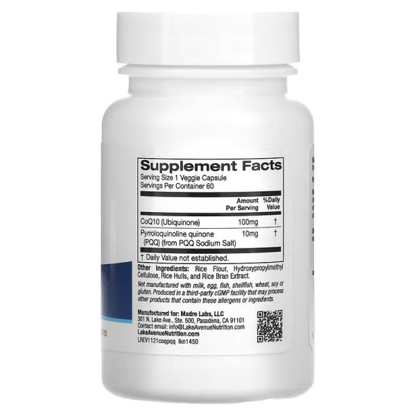 Коэнзим Q10 с PQQ, CoQ10 with PQQ, Lake Avenue Nutrition, 100 мг, 60 вегетарианских капсул - Фото 2