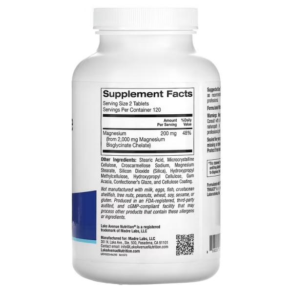 Бисглицинат хелат магния с TRAACS®, Magnesium Bisglycinate Chelate with TRAACS®, Lake Avenue Nutrition, 100 мг, 240 таблеток - Фото 2