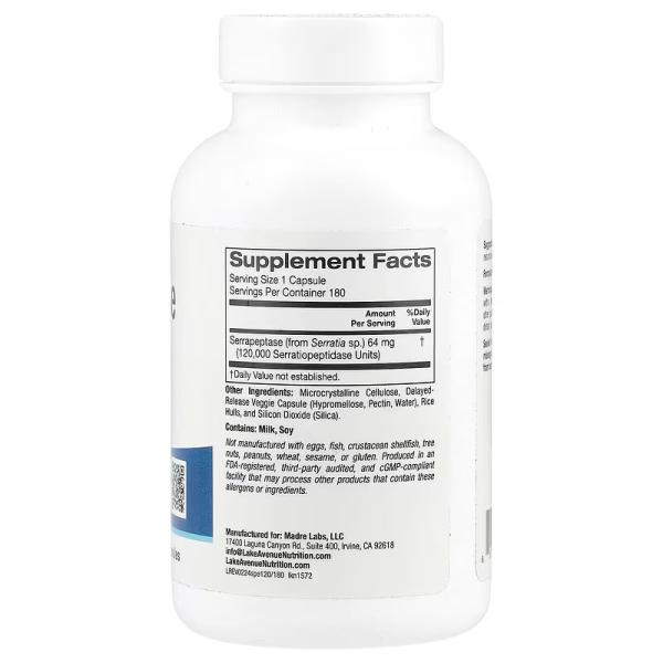 Серрапептаза, протеолітичний фермент, Serrapeptase Proteolytic Enzyme, Lake Avenue Nutrition, 120 000 SPU, 180 вегетаріанських капсул - Фото 2