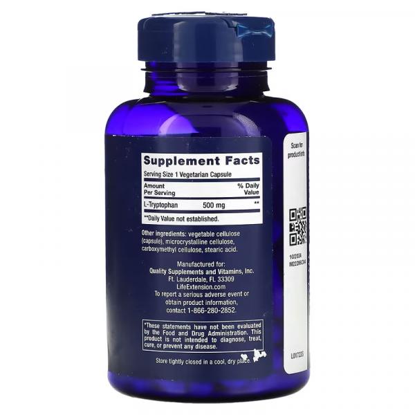 L-триптофан, L-Tryptophan, Life Extension, 500 мг, 90 вегетарианских капсул - Фото 2