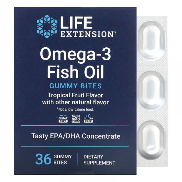 Омега-3, риб'ячий жир, тропічні фрукти, Omega-3 Fish Oil Gummy Bites Tropical Fruit, Life Extension, 36 жувальних таблеток - Фото 1