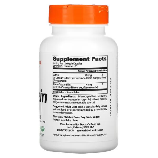 Лютеин из OptiLut, Lutein from OptiLut, Doctor's Best, 20 мг, 120 растительных капсул - Фото 2
