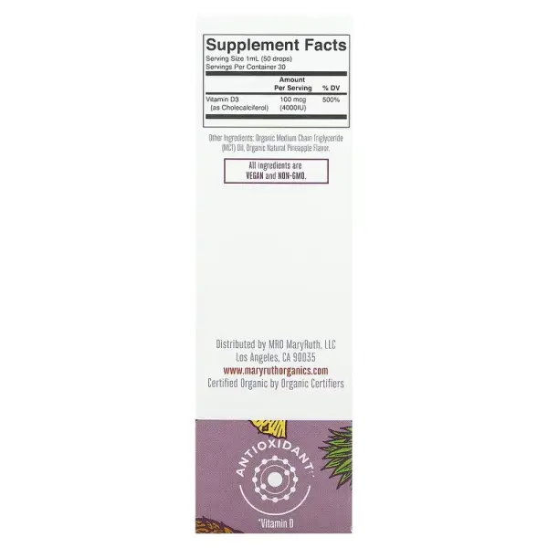 Вітамін D3, Megadose Vitamin D3 Organic Liquid Drops, MaryRuth's, посилений, смак ананасу, рідкі органічні краплі, 30 мл - Фото 3