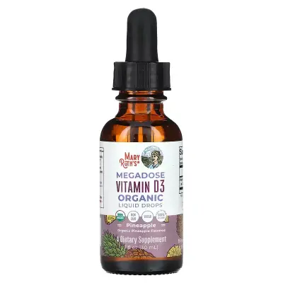 Вітамін D3, Megadose Vitamin D3 Organic Liquid Drops, MaryRuth's, посилений, смак ананасу, рідкі органічні краплі, 30 мл