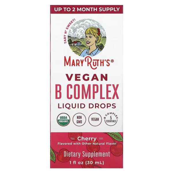 Веганский комплекс витаминов группы B, капли, вишня, Vegan B-Complex Liquid drops cherry, MaryRuth's, 30 мл - Фото 1