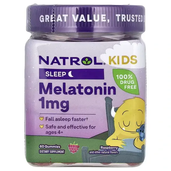 Мелатонин, для детей от 4 лет, со вкусом малины, Melatonin Ages 4 Raspberry, Natrol, Kids, 1 мг, 60 жевательных таблеток - Фото 1
