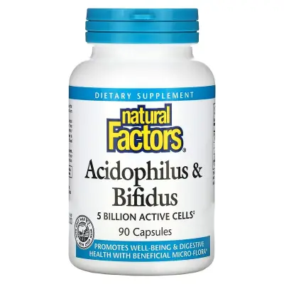 Ацидофилус и бифидус, Acidophilus & Bifidus, Natural Factors,  5 млрд добавок, 90 капсул