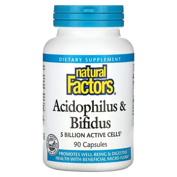 Ацидофилус и бифидус, Acidophilus & Bifidus, Natural Factors,  5 млрд добавок, 90 капсул - Фото 1