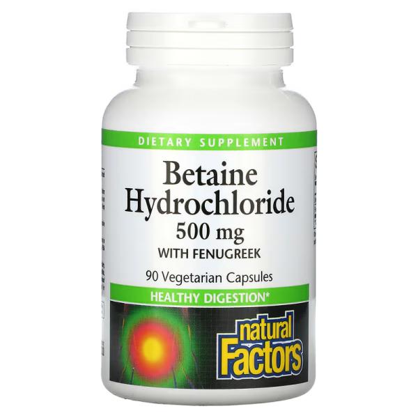 Бетаина гидрохлорид с пажитником, Betaine Hydrochloride with Fenugreek, Natural Factors, 500 мг, 90 вегетарианских капсул - Фото 1