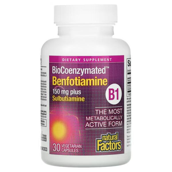 Бенфотиамин плюс сульбутиамин B1, BioCoenzymated Benfotiamine plus Sulbutiamine B1, Natural Factors, 150 мг, 30 вегетарианских капсул - Фото 3