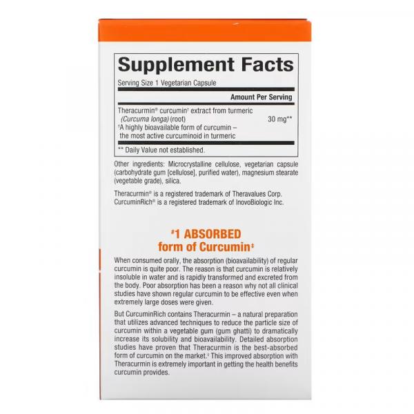 Куркумин, Theracurmin, Natural Factors, CurcuminRich, 30 вегетарианских капсул - Фото 2