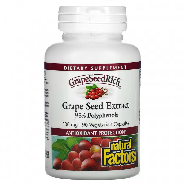 Экстракт виноградных косточек, Grape Seed Extract, Natural Factors, 100 мг, 90 вегетарианских капсул - Фото 1