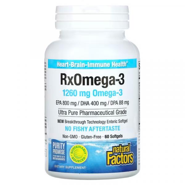 Омега-3 кислоты, 1260 мг (630 мг в капсуле), RxOmega 3, Natural Factors, 60 капсул - Фото 1