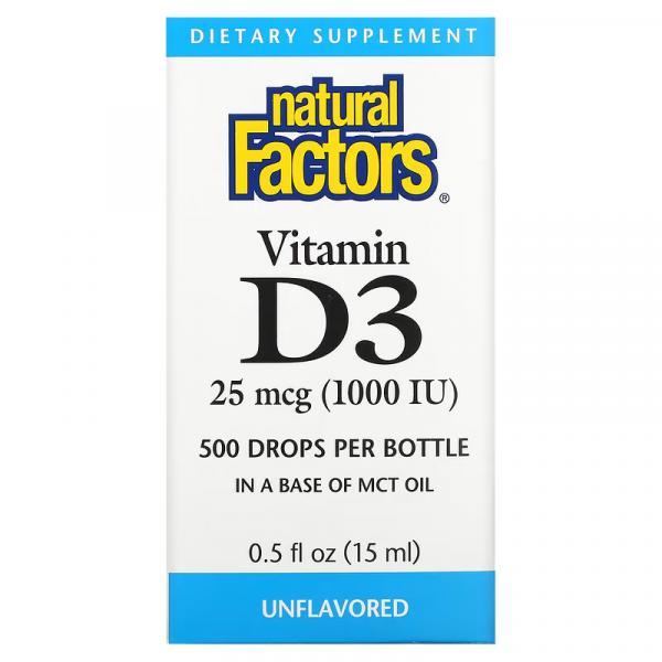 Вітамін Д3 в краплях, без ароматизаторів, Vitamin D3 Drops Unflavored, Natural Factors, 25 мкг (1000 МЕ), 15 мл  - Фото 1