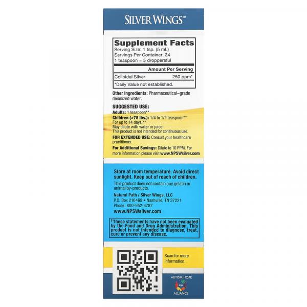 Коллоидное серебро, Colloidal Silver, Natural Path Silver Wings, 250 част. / Млн, 120 мл - Фото 2