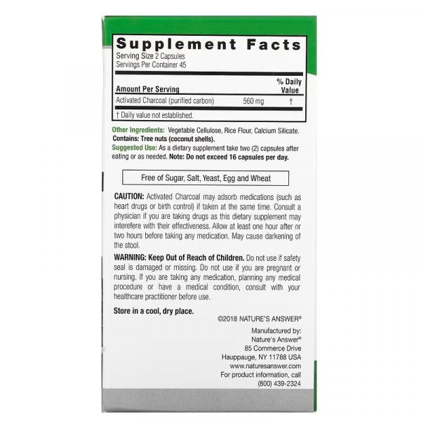 Активированный уголь, Charcoal Activated Purified Carbon, Nature's Answer, 280 мг, 90 растительных капсул - Фото 3