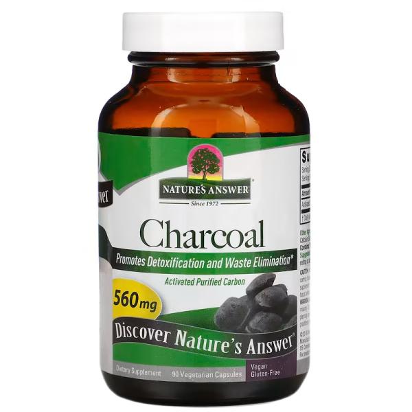 Активированный уголь, Charcoal Activated Purified Carbon, Nature's Answer, 280 мг, 90 растительных капсул - Фото 1