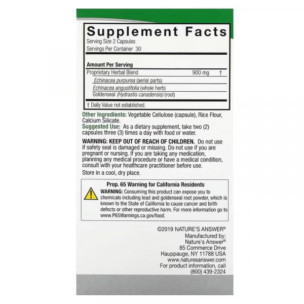 Эхинацея и желтокорень, Echinacea & Goldenseal, Nature's Answer, 60 вегетарианских капсул - Фото 3