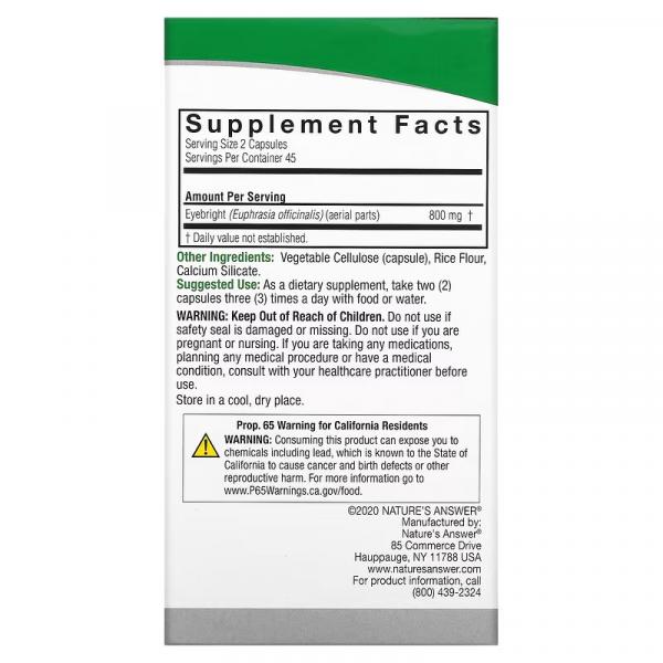 Очанка, Eyebright, Nature's Answer, 400 мг, 90 вегетарианских капсул - Фото 2