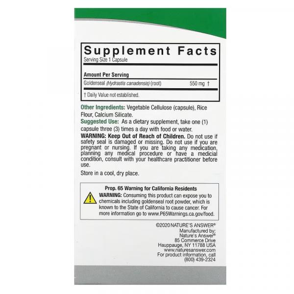 Корень желтокорня, Goldenseal Root, Nature's Answer, 550 мг, 50 вегетарианских капсул - Фото 3