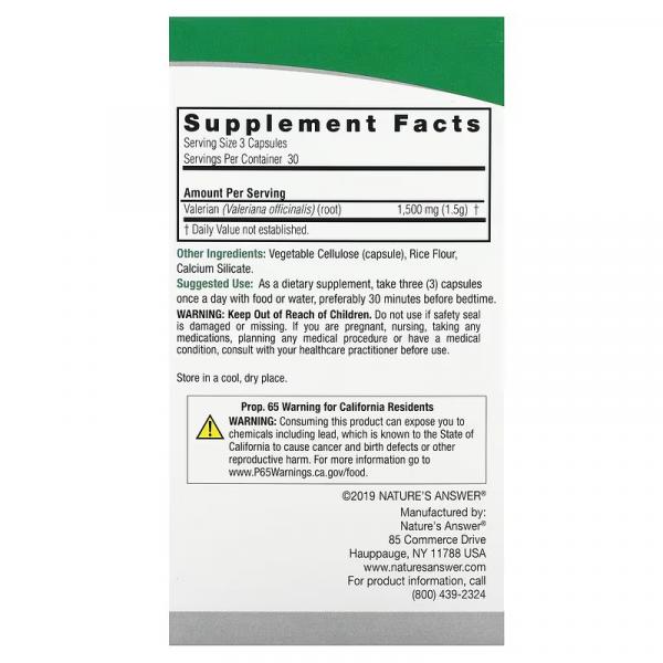 Корень валерианы, Valerian Root, Nature's Answer, 1500 мг, 90 вегетарианских капсул (500 мг в 1 капсуле) - Фото 3