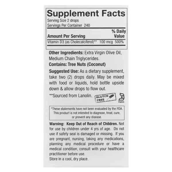 Вітамін D3, Vitamin D-3 Drops, Nature's Answer, краплі в оливковій олії першого віджиму, 100 мкг (4000 МО), 15 мл - Фото 3