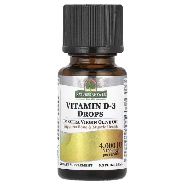 Вітамін D3, Vitamin D-3 Drops, Nature's Answer, краплі в оливковій олії першого віджиму, 100 мкг (4000 МО), 15 мл - Фото 1