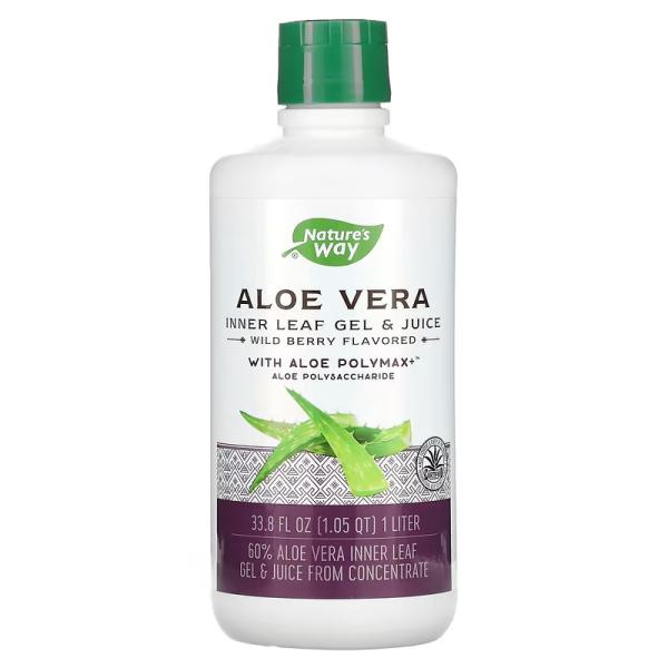 Гель и сок из листьев алоэ вера, с алоэ полимаксом, лесные ягоды, Aloe Vera Inner Leaf Gel Juice with Aloe Polymax Wild Berry, Nature's Way, 1 л - Фото 1