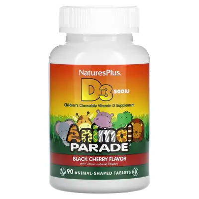 Витамин Д-3 для детей, Vitamin D3, Nature's Plus, Animal Parade, вкус черной вишни, 500 МЕ, 90 жевательных конфет
