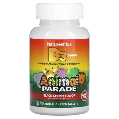 Витамин Д3 для детей, со вкусом черешни, без сахара, Vitamin D3, Nature's Plus, Source of Life, Animal Parade, 12,5 мкг (500 МЕ), 90 таблеток в форме животных