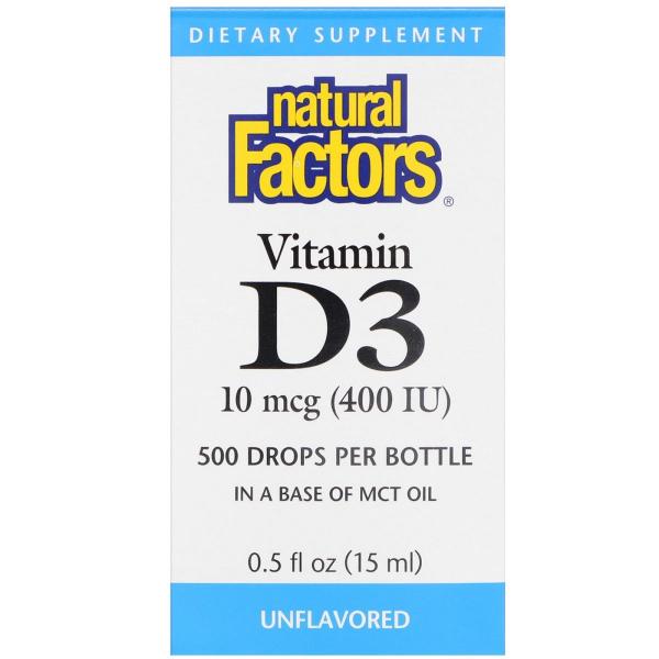 Витамин D3 в каплях, без ароматизаторов, Vitamin D3 Drops, Natural Factors, 400 МЕ, 15 мл  - Фото 1
