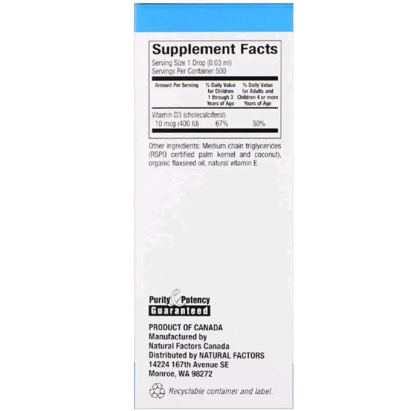 Витамин D3 в каплях, без ароматизаторов, Vitamin D3 Drops, Natural Factors, 400 МЕ, 15 мл  - Фото 2