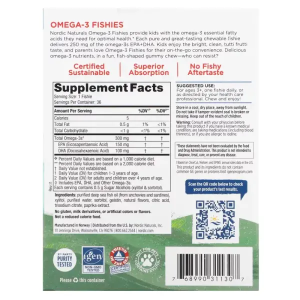 Рыбки омега 3 для детей от 3-х лет, Nordic Omega-3 Fishies, Nordic Naturals, 300 мг, 36 таблеток в форме рыбок - Фото 2