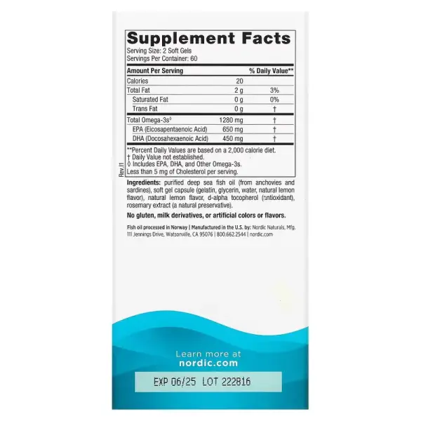 Рыбий жир, со вкусом лимона, Ultimate Omega, Nordic Naturals, 1280 мг, 120 капсул - Фото 2