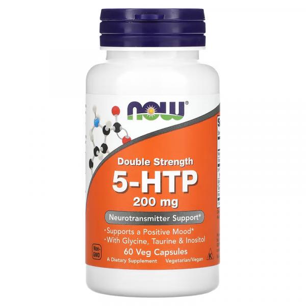 5-гидрокситриптофан, двойной силы, 5-HTP Double Strength, NOW Foods, 200 мг, 60 вегетарианских капсул - Фото 1
